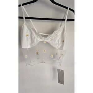NWT Romwe Floral Crop Top Size S White Sleeveless Blouse Tank Sheer Daisy